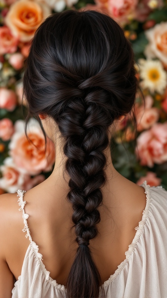 A woman with an intricate fishtail braid hairstyle, set against a background of flowers.