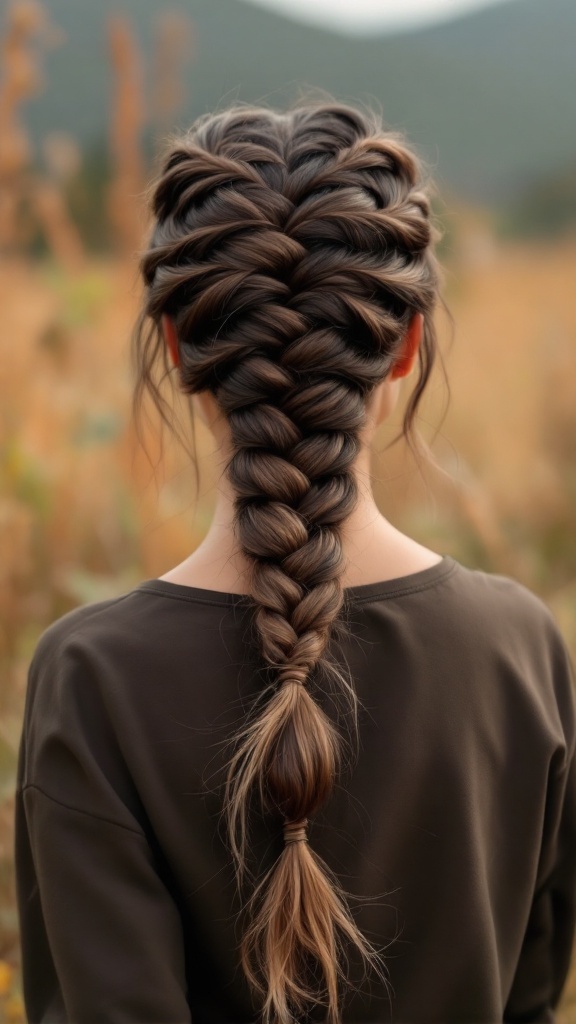 A detailed view of a fishtail braid hairstyle, showcasing intricate weaving.