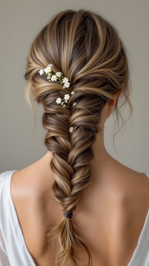 A fishtail braid ponytail adorned with small white flowers, showcasing a romantic wedding hairstyle.