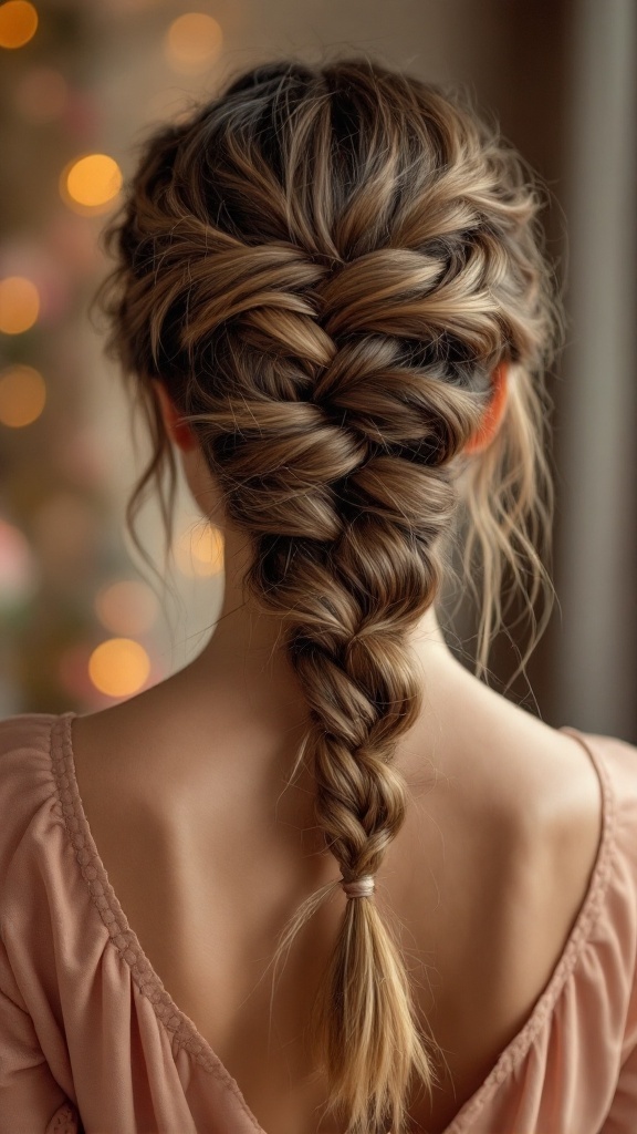 A close-up of an intricate fishtail braid updo hairstyle