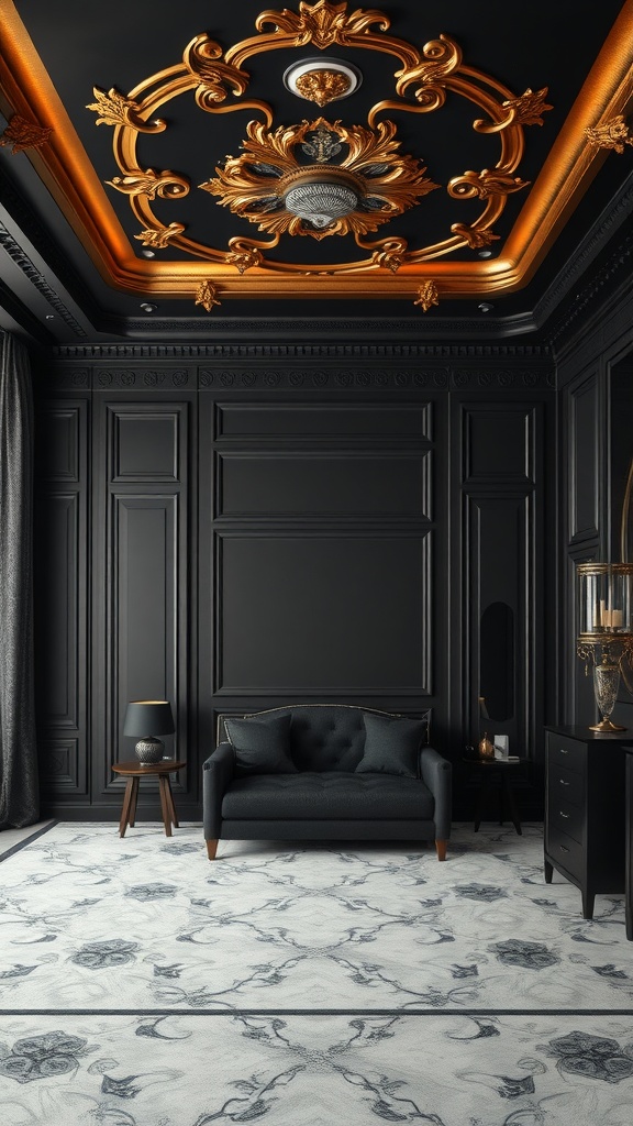 A bedroom featuring a luxurious gold ceiling design with black walls and elegant furnishings.
