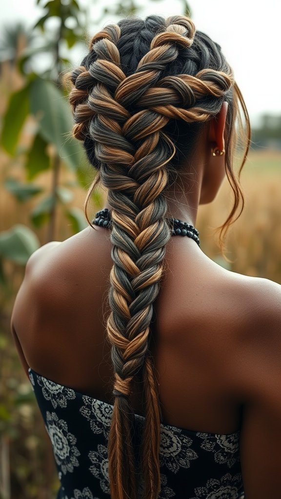 A close-up view of an intricate lace braid hairstyle with a blend of dark and blonde hair colors.