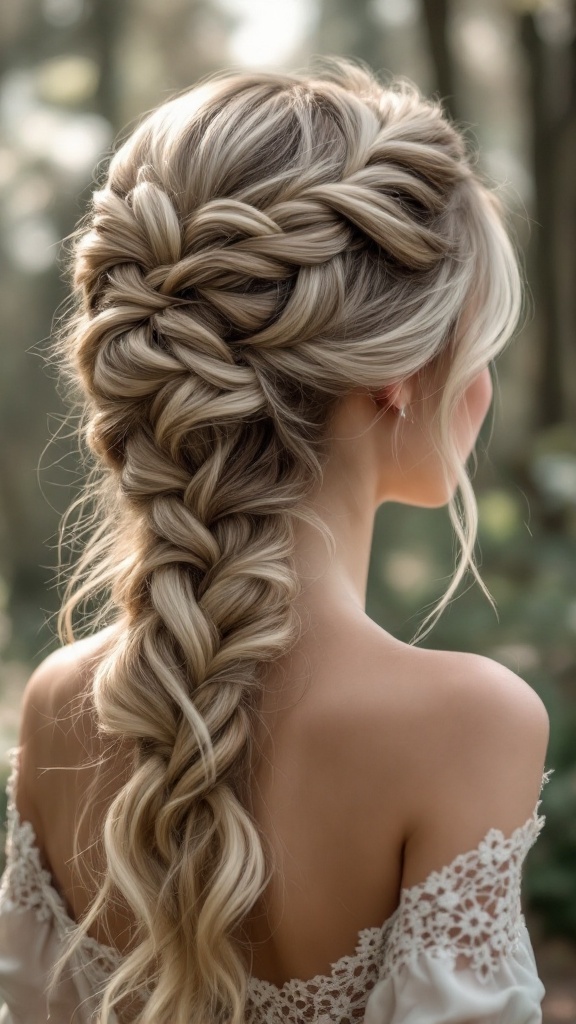 A woman with a lace braid updo hairstyle, showcasing intricate braids and soft waves.