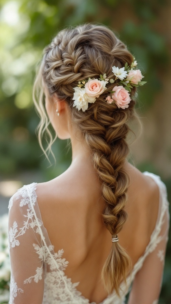 A woman with an intricate lace braid hairstyle adorned with pink and white accent flowers.