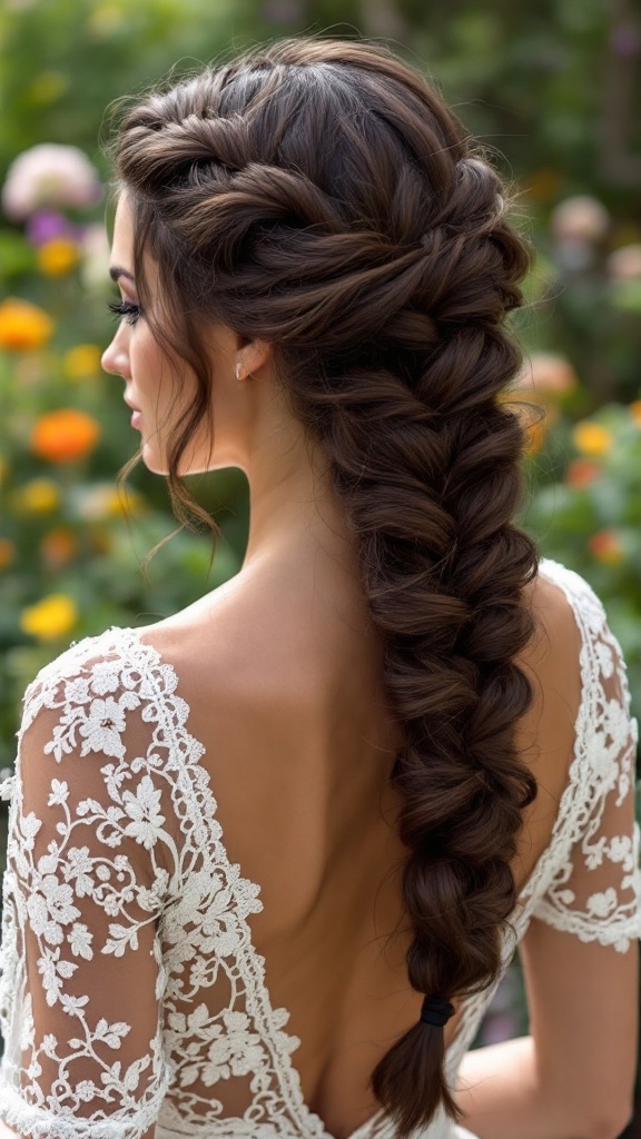 A woman with a complex lace braid hairstyle, showcasing a twist, with a floral background.