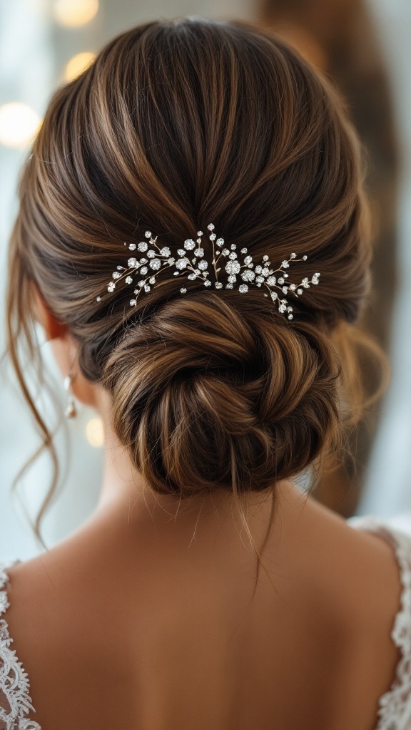 A beautifully styled intricate low bun with crystal pins in the hair.