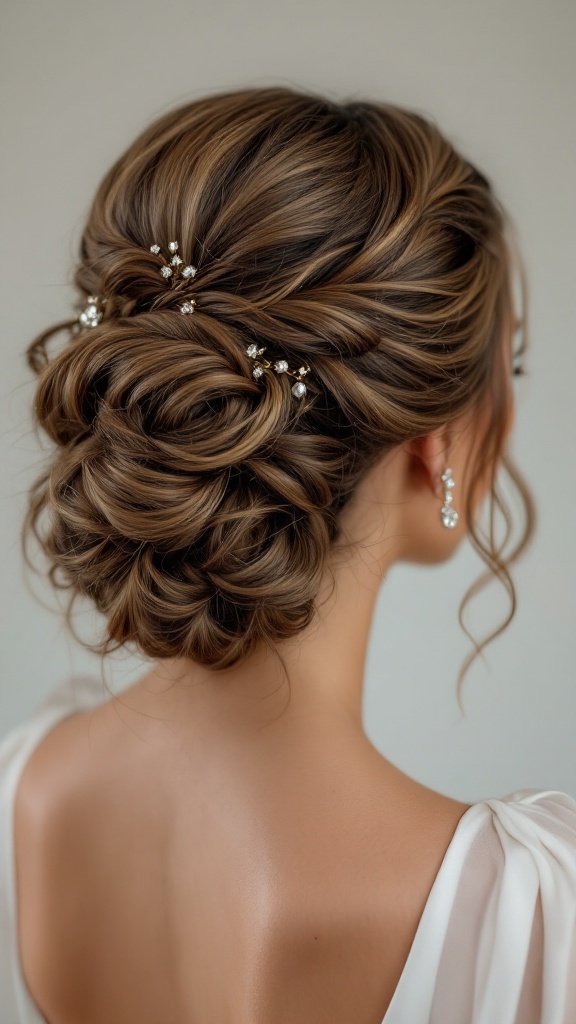 A beautiful low bun hairstyle featuring soft curls and sparkling jewels, ideal for an Indian wedding.