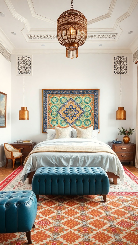 A Moroccan-style bedroom featuring intricate mosaic tile accents on the wall, a stylish bed, and elegant lighting.