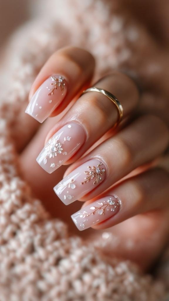 Close-up of intricately designed buchona nails with floral patterns and gold accents.