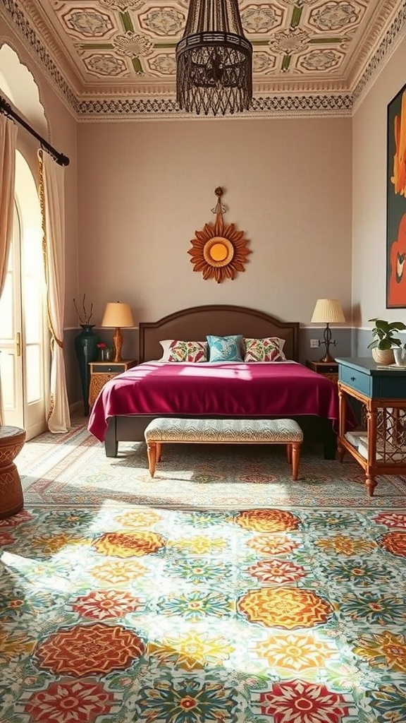A beautifully decorated Moroccan bedroom featuring colorful tiles, a purple bedspread, and an intricate ceiling design.