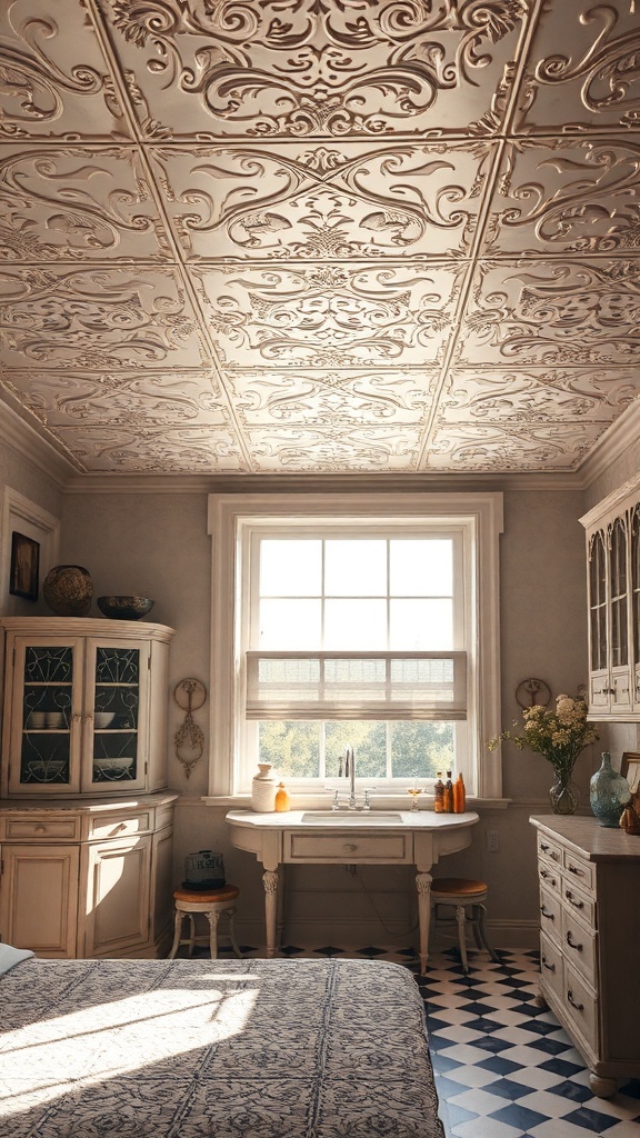 A Victorian kitchen featuring an intricate tin ceiling with detailed patterns.