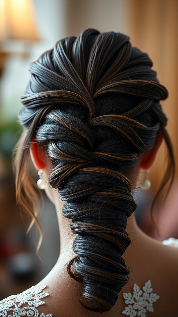 An elegant twisted ponytail adorned with pearls, showcasing intricate styling from the back.