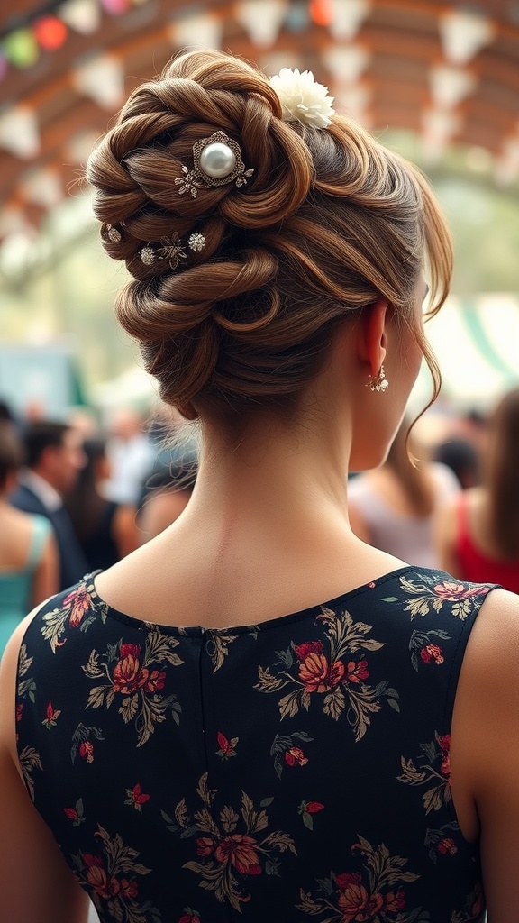 A woman with an intricate updo decorated with vintage brooches, wearing a floral dress, at a festival.
