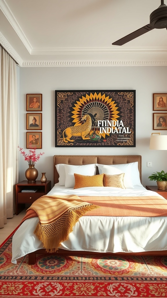 A modern Indian bedroom featuring intricate wall art, a cozy bed with warm tones, and decorative elements.