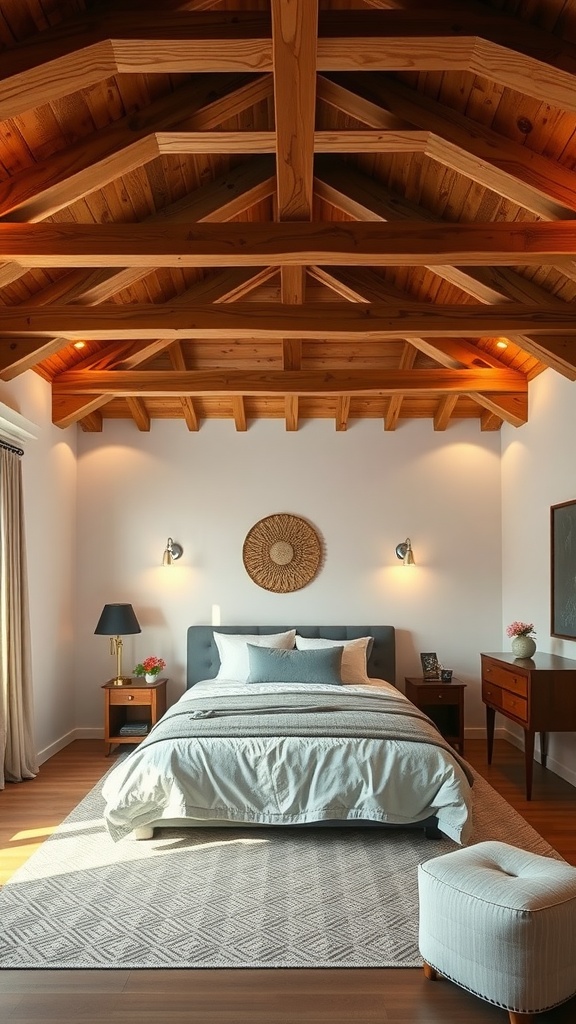 A cozy bedroom featuring intricate wooden beams on the ceiling, highlighting a warm and inviting atmosphere.