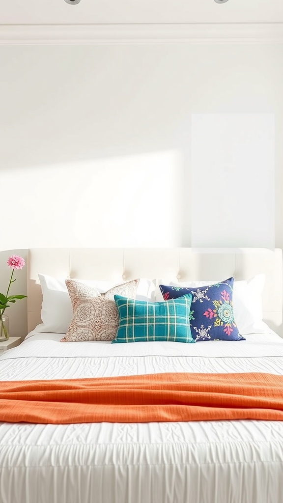 A cozy bed with colorful accent pillows and a bright orange throw blanket.