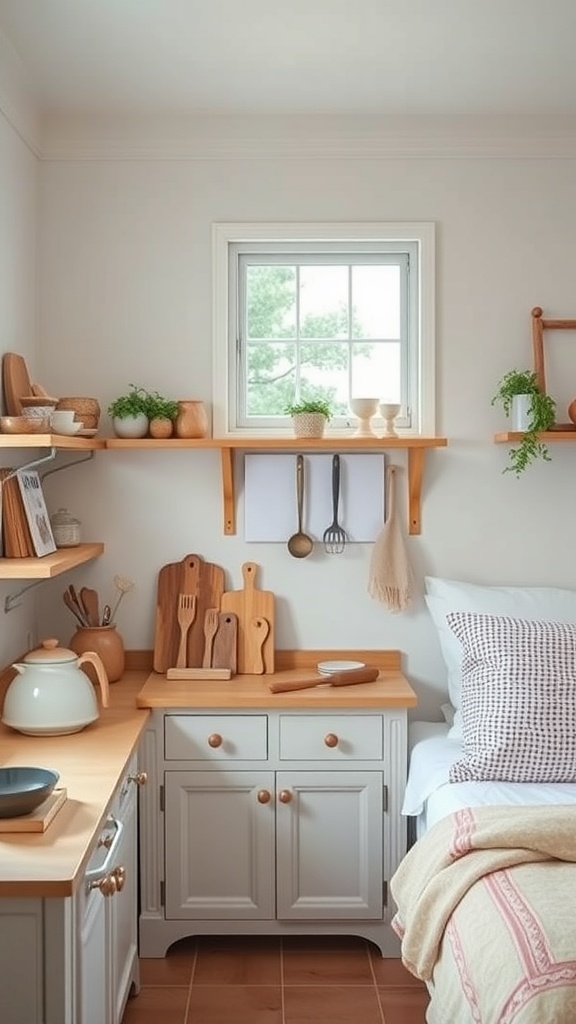 A cozy kitchen corner with wooden shelves, plants, and baking tools.