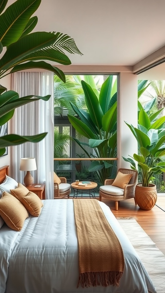 A cozy bedroom with large windows showcasing lush greenery outside, featuring inviting chairs and warm decor.