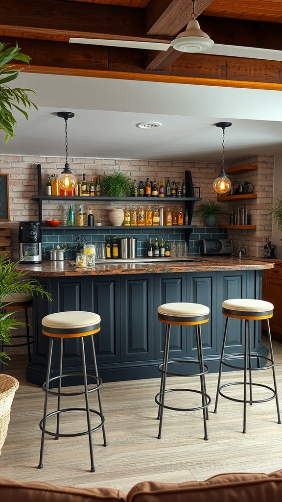 A stylish bar area in a basement with drinks on shelves and seating.