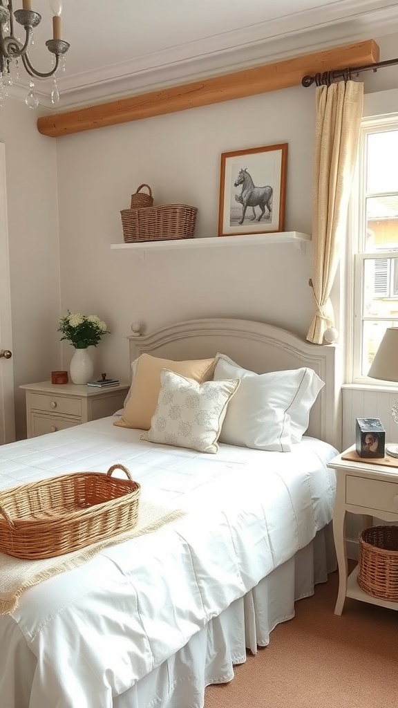 A cozy French country bedroom with a woven basket on the bed, soft pillows, and a warm color palette.