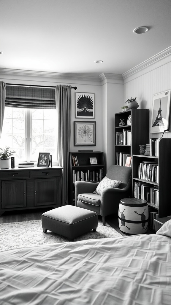 A cozy black and white reading nook with a chair, small stool, and bookshelf.