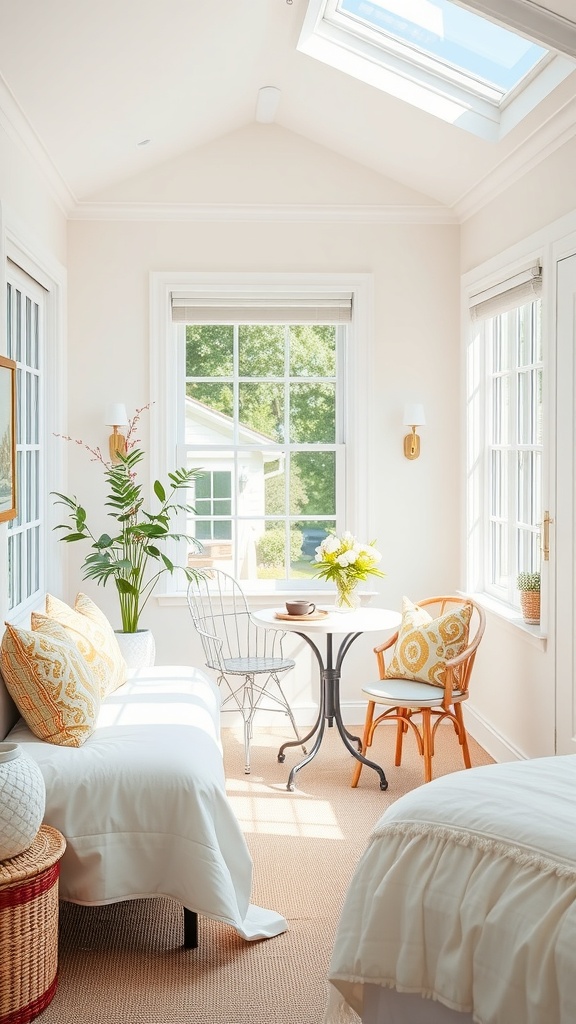 A bright sunroom featuring a bistro table with two chairs, surrounded by large windows and plants, creating a cozy breakfast corner.