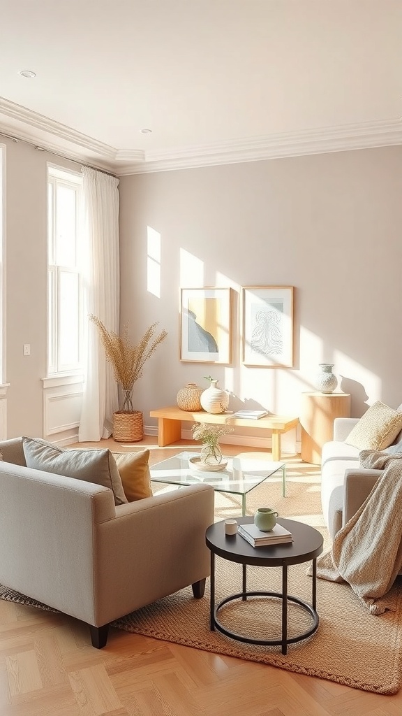 A cozy living room with neutral colors, natural light, and stylish furniture.