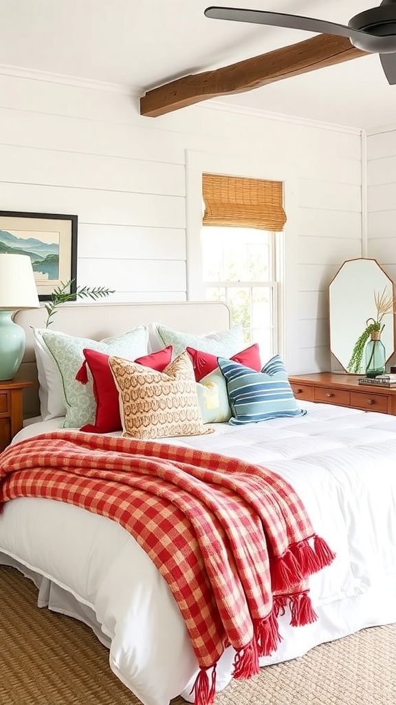 Cozy farmhouse bedroom with colorful accents including vibrant pillows and a textured throw blanket.