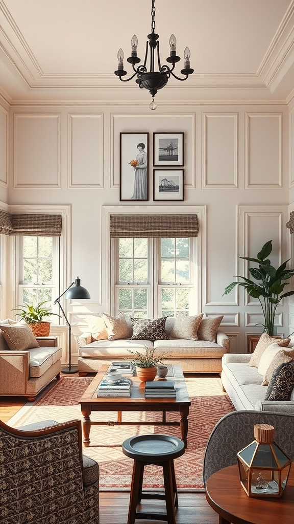 A traditional living room with comfortable seating, a coffee table, and natural light, creating an inviting atmosphere for conversation.