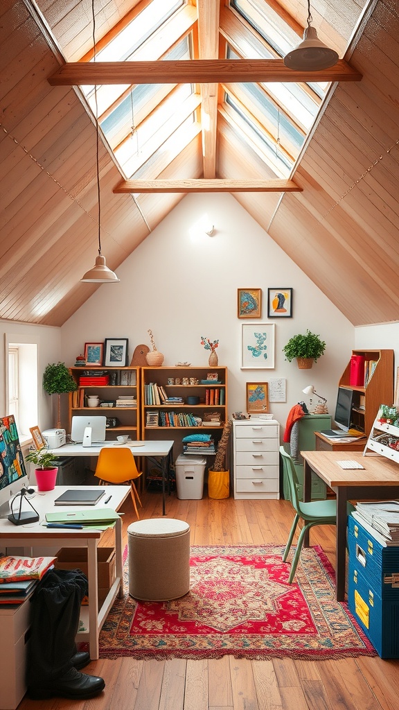 A bright attic room designed as a craft space with skylights, colorful decor, and workstations.