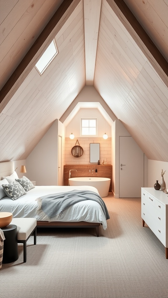 Attic bedroom with angled ceilings featuring an en-suite bathroom, freestanding bathtub, and cozy decor.