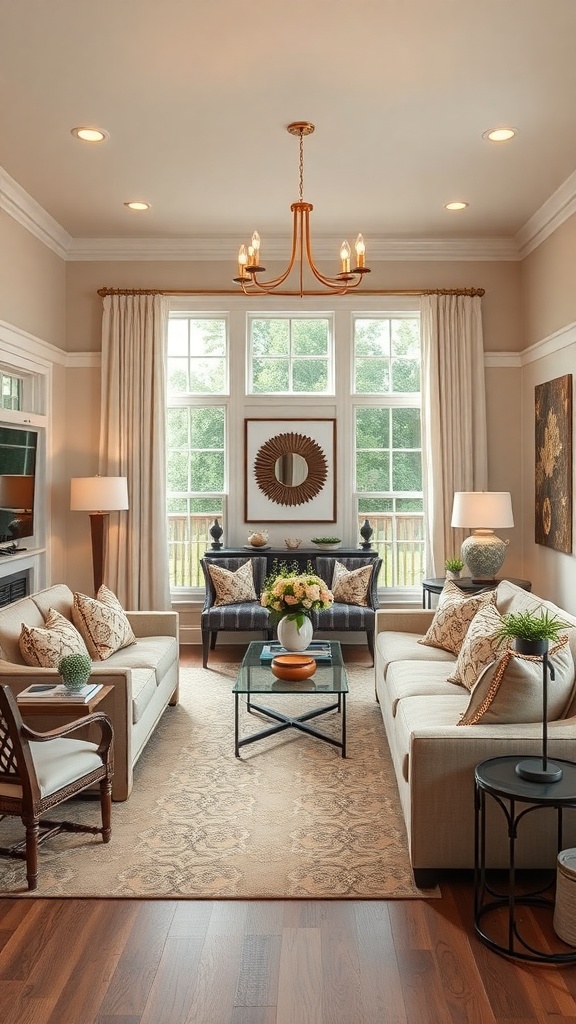 A cozy living room and dining room combo featuring soft sofas, a coffee table, and large windows.