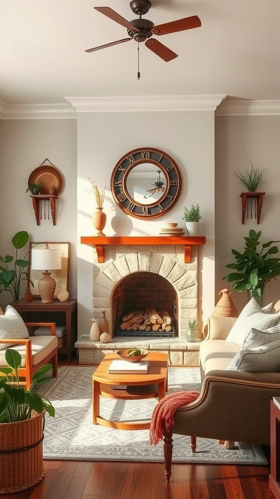 Cozy family room featuring a stone fireplace with wooden mantel, surrounded by comfortable seating and decorative plants.