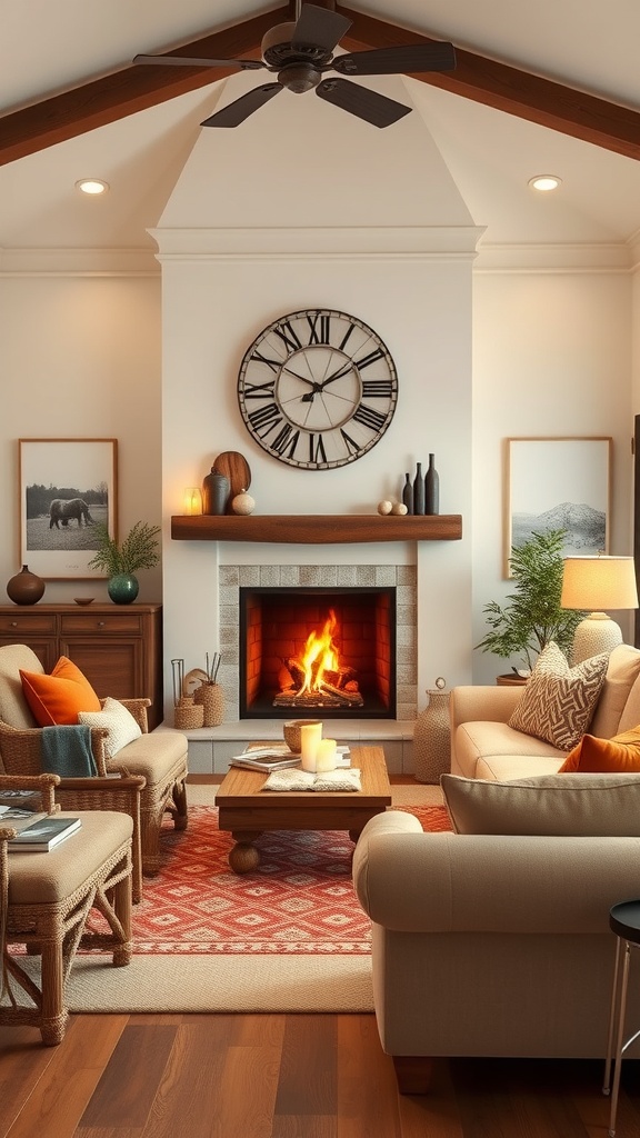 Cozy living room with a fireplace, comfortable seating, and warm decor