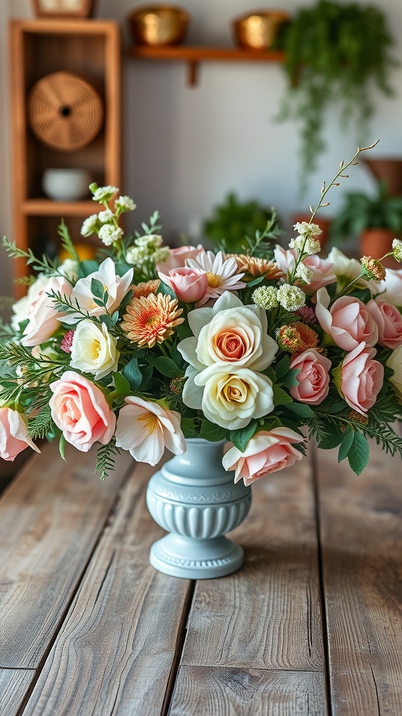 A floral centerpiece with pink and white roses, daisies, and greenery in a gray decorative vase on a wooden table.