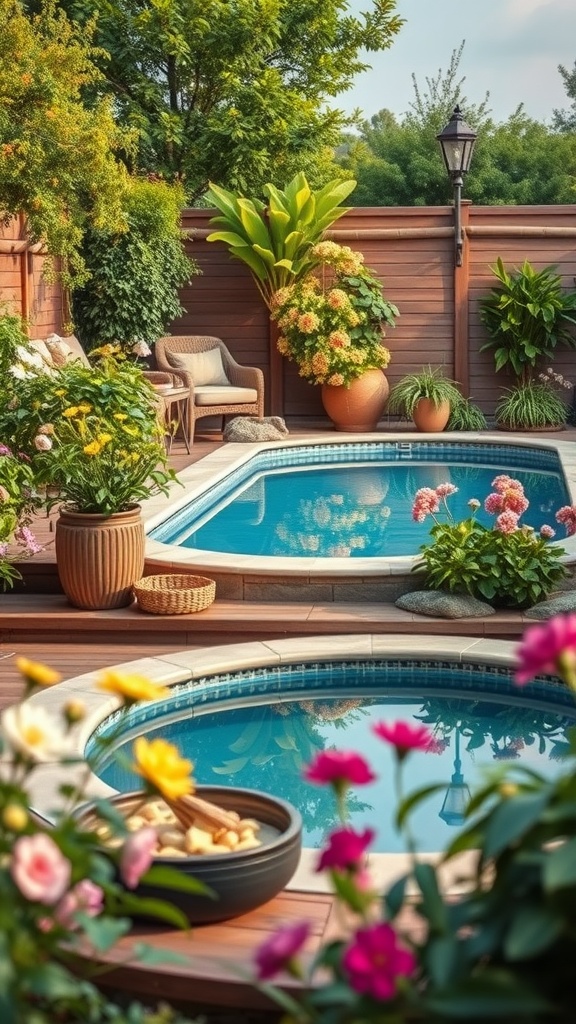 A beautiful backyard pool surrounded by flowers and plants, featuring a larger swimming pool and a relaxing hot tub.