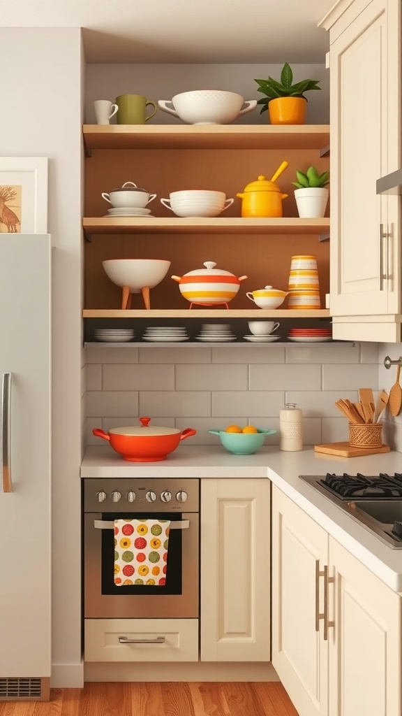 A kitchen with inviting open shelves displaying colorful dishware and plants.