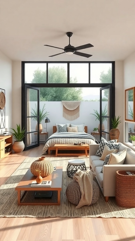 A bohemian living room with large glass doors opening to an outdoor space, featuring natural materials, plants, and cozy seating.