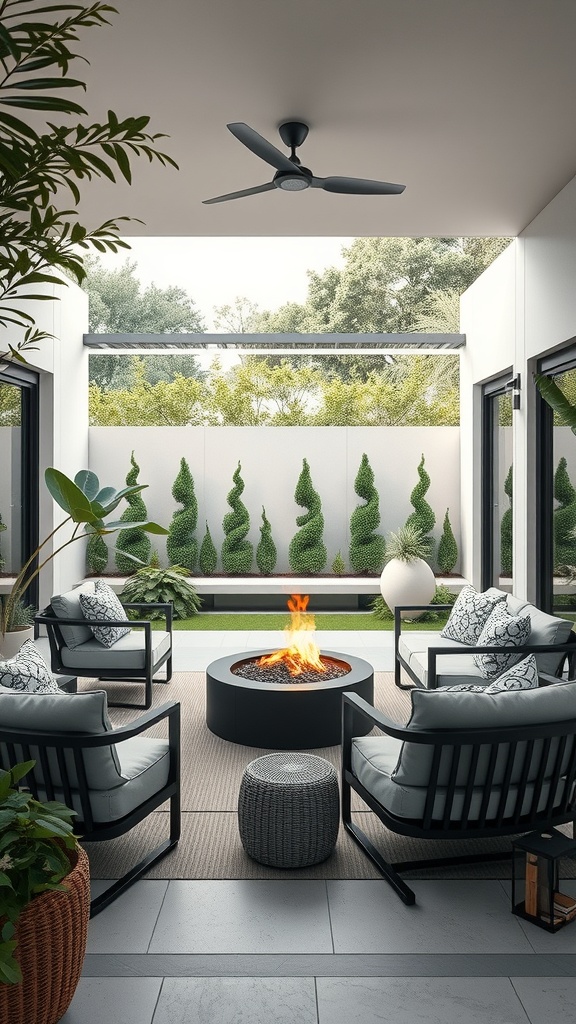 A modern outdoor patio with a fire pit, comfortable seating, and lush greenery.