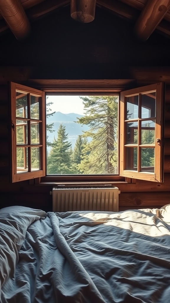 A rustic bedroom with open windows offering views of greenery and mountains.