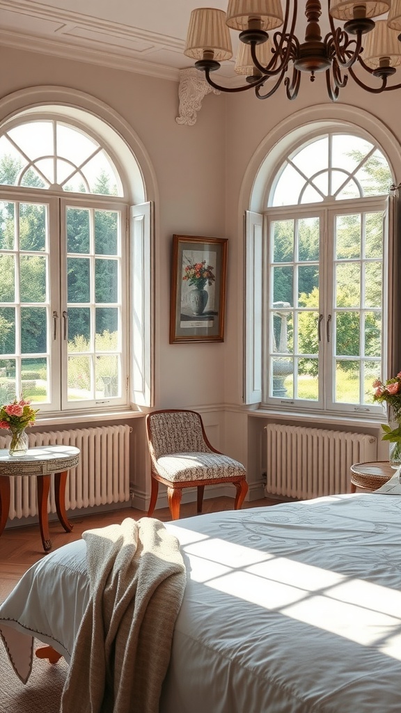 A cozy French country bedroom with large arched windows showcasing beautiful outdoor views, softly lit by natural light.