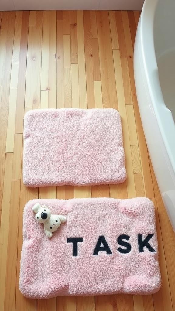 Two pink bath mats on a wooden floor, one with the word 'TASK' and a plush toy beside it.
