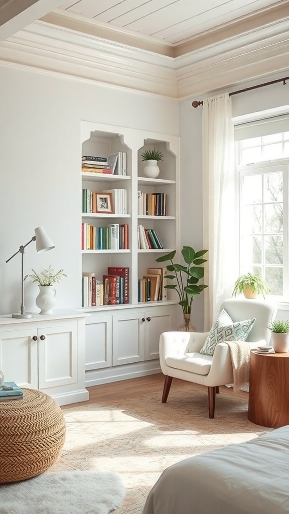 A bright and cozy reading nook in a white living room with a comfortable chair, bookshelves, and plants.