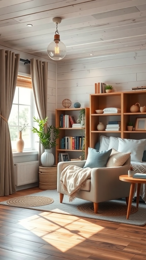 Cozy reading nook in a mobile home with a comfortable chair, bookshelf, and natural light.