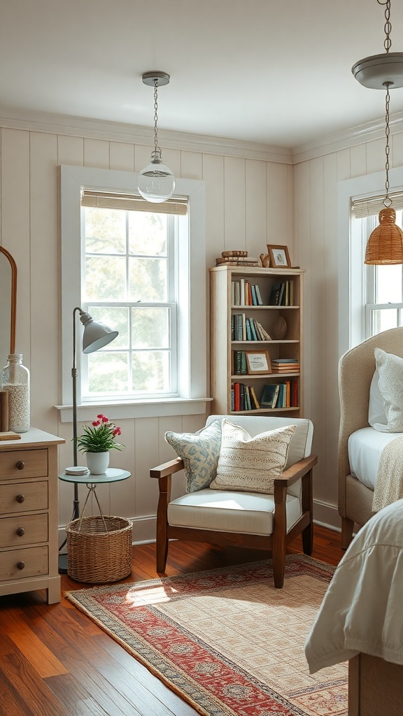 Cozy reading nook in a farmhouse bedroom with a comfortable chair, side table, and bookshelf.