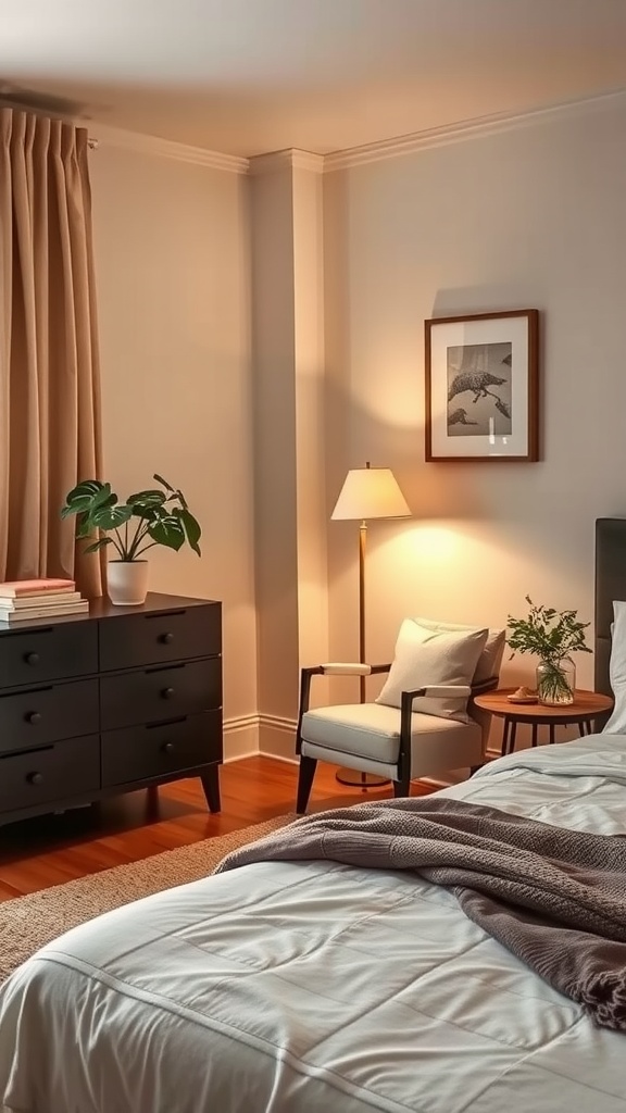 A cozy bedroom corner featuring a chair and side table with a lamp, adorned with books and a plant.