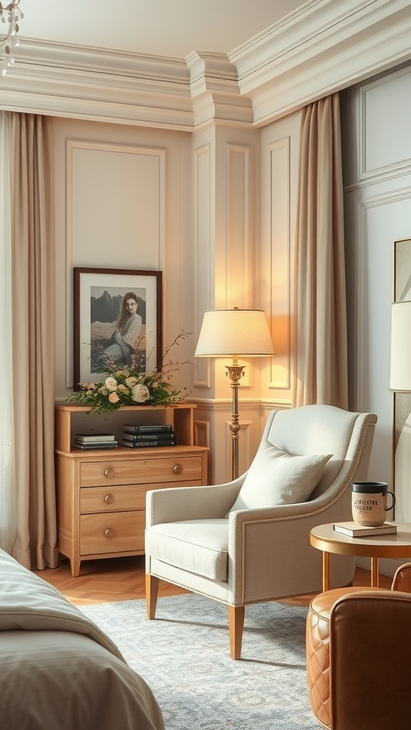 A cozy reading nook featuring a plush armchair, side table with a mug, and warm lighting.