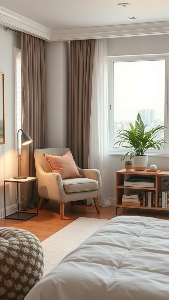 A cozy reading nook with a comfortable chair, soft lighting, and plants.