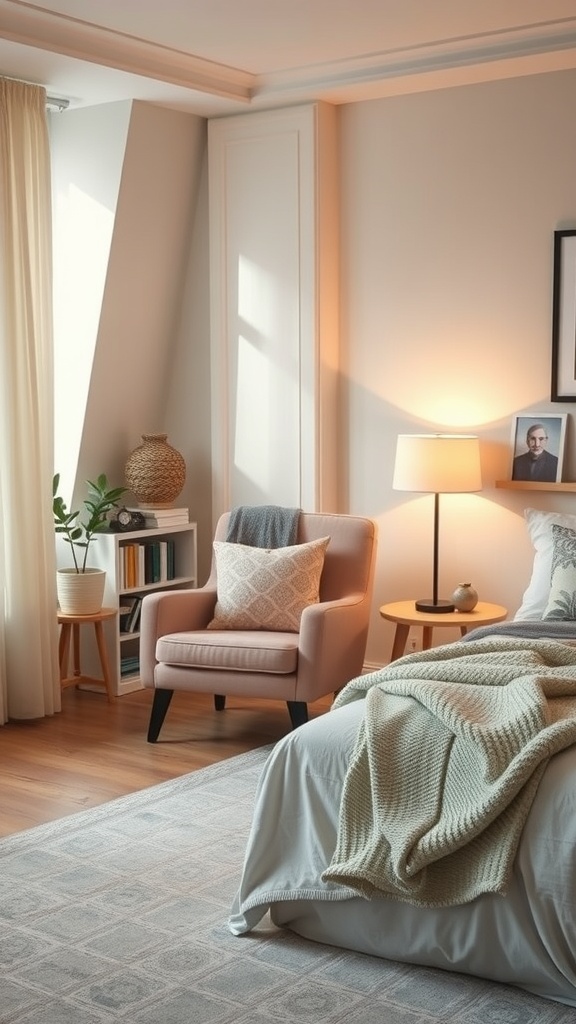 Cozy reading nook with a pink chair, side table, and warm lighting