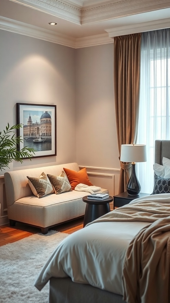 A cozy reading nook in a luxury hotel-inspired bedroom featuring a sofa, cushions, and a side table.